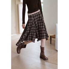 批发EGGKA不规则下摆磨毛格纹半身裙秋季新款复古气质显瘦a字中<b class='q'>长裙</b>