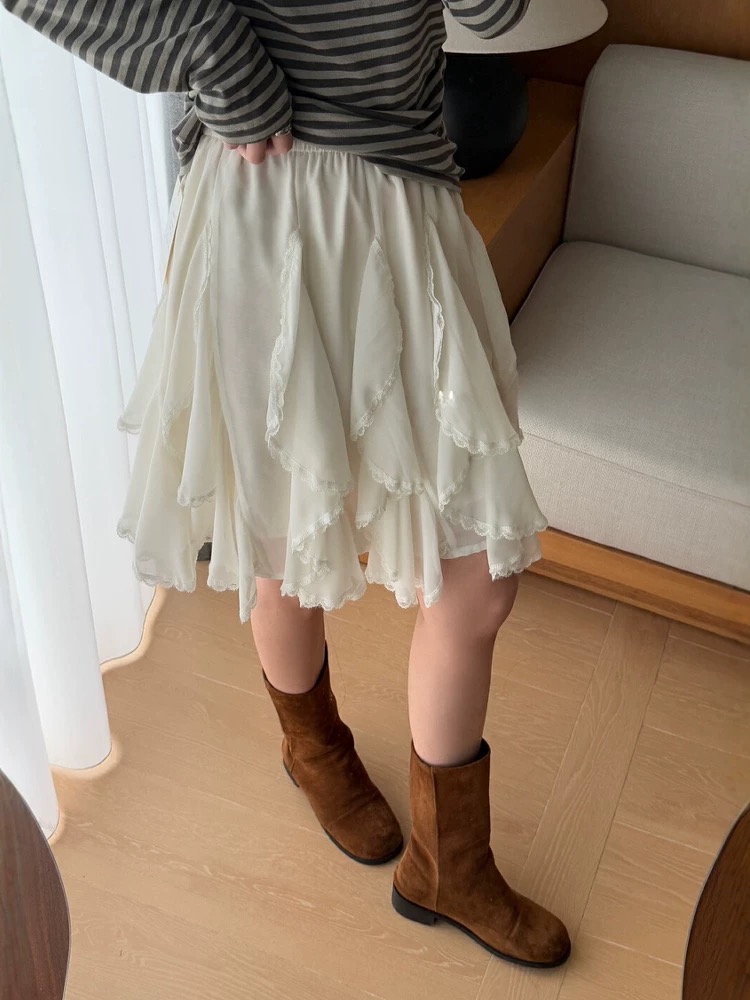 불규칙 레이스 조각 반신 스커트 여성 봄 여름 새로운 슬림해 보이는 표지 배 하이웨이스트 케이크 드레스 도루 센스 퍼프 중간 스커트