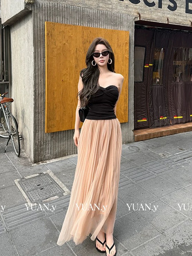 원 유안 달빛 세레나데 반신 스커트 여성 2026 새로운 봄 주름 롱 코트 달빛 치마 망사 치마