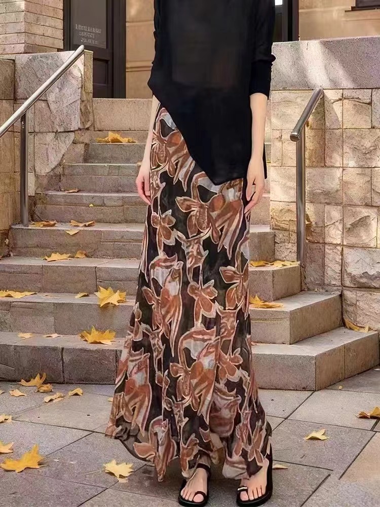 고급 센스 품격 빛 요리 한 연령 감소 프린트 반신 스커트 여성 2026 봄 새로운 프랑스식 하이웨이스트 슬림해 보이는 인어 꼬리 스커트
