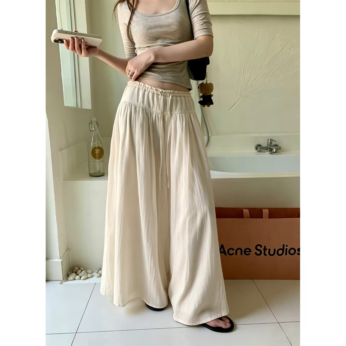 im ~까지 구름 바지 느긋한 도루 가을 센스 치마바지 여성 Xiamu 귀 핀치 Pleat 캐주얼 바지 루즈핏 슬림해 보이는 와이드 레그 팬츠