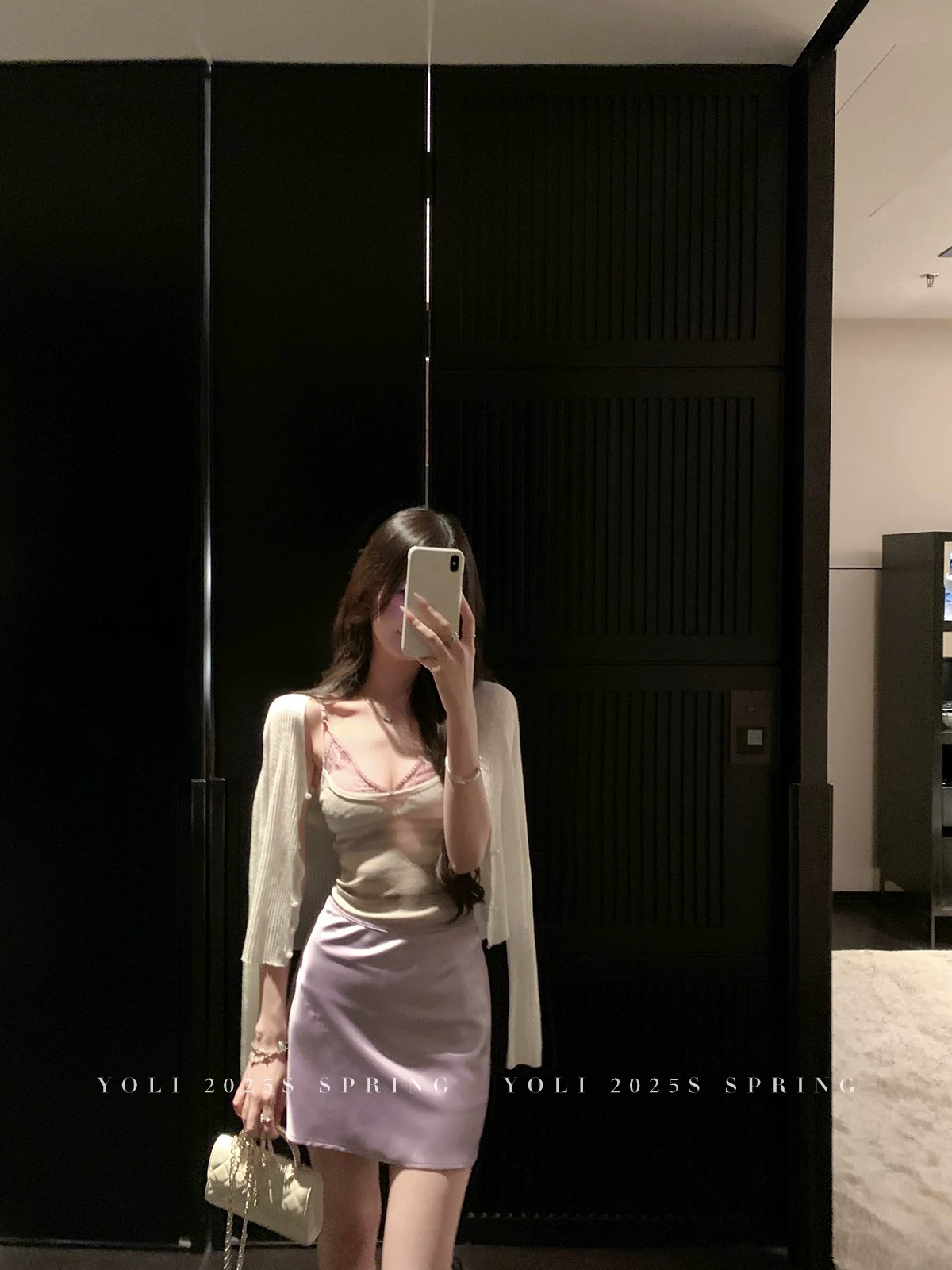 yoli 장 宥 이익 모네 꽃 보라색 새틴 광택 한 마디 반신 스커트 여성 여름 부드러운 미니 스커트