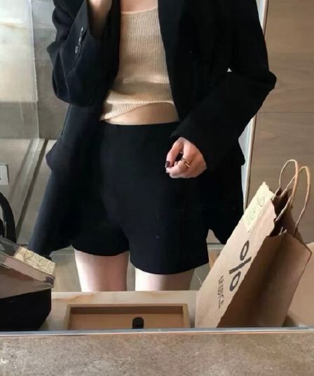 hhyii 스키니 작은 검은 색 바지 검정색 넓은 다리 정장 반바지 여성 한 도루 센스 하이웨이스트 다용도 한 마디 캐주얼 바지