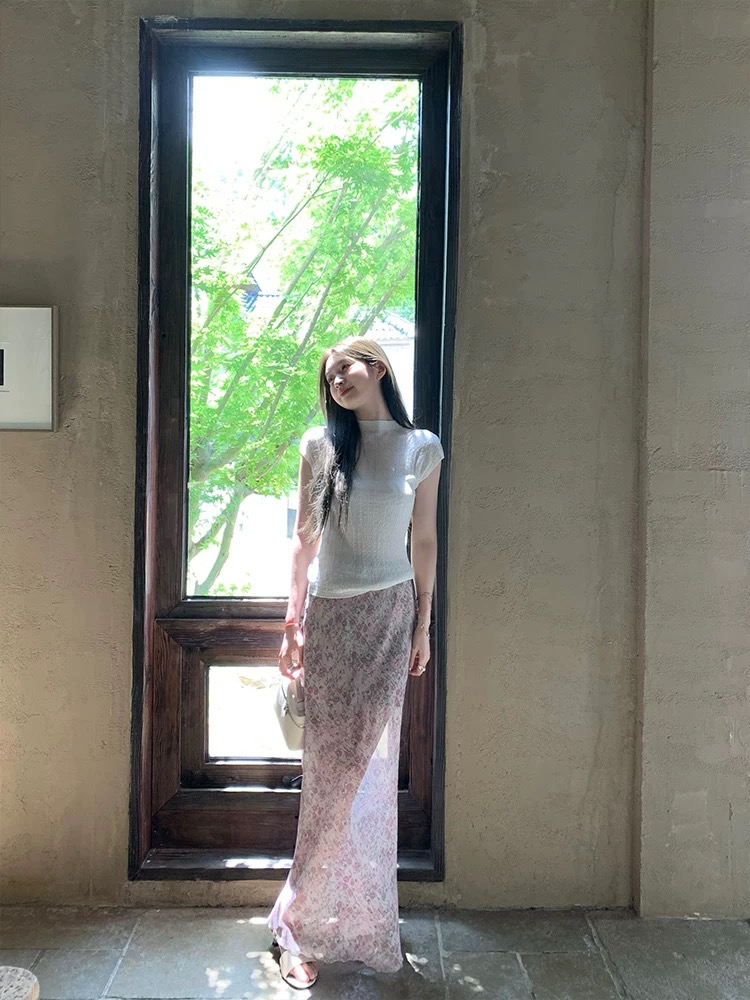울타리 울타리 라 장미 소녀 프랑스식 쉬폰 꽃무늬 반신 스커트 여성 여름 작은 키 슬림해 보이는 한 마디 치마