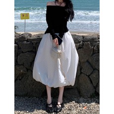 批发韩系穿搭白色波点宽松蓬蓬花苞裙夏季新款中<b class='q'>长款</b>过膝a字半身裙女