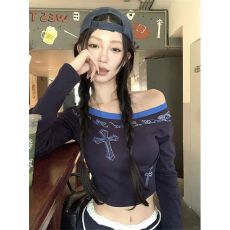 批发260克人1*1 棉莫代尔】辣妹复古烫钻印花露肩收腰显瘦长袖上衣女