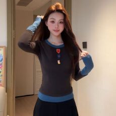 批发【人棉270克】撞色<b class='q'>圆领</b>长袖<b class='q'>T</b><b class='q'>恤</b>女秋冬修身显瘦气质百搭打底上衣
