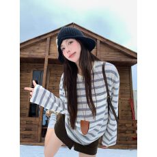 批发原版色织条 慵懒<b class='q'>条纹</b>复古miu系<b class='q'>长袖</b><b class='q'>T</b><b class='q'>恤</b>女秋冬休闲百搭<b class='q'>长袖</b>上衣