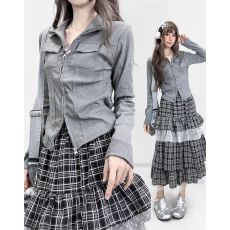 批发【原版质量】长袖<b class='q'>T</b><b class='q'>恤</b><b class='q'>翻领</b>百搭开叉拉链开衫收腰上衣