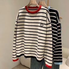 批发德绒<b class='q'>大码</b>女装撞色条纹长袖打底衫女秋季长袖套头内搭笑脸刺绣上衣