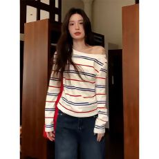 批发【<b class='q'>纯棉</b>色织】美式辣妹彩色条纹斜肩长袖<b class='q'>t</b><b class='q'>恤</b>女 早秋宽松上衣