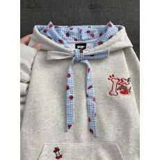 纯棉华棉 薄款/加绒 原版做法草莓格纹蝴蝶结绑带连帽卫衣