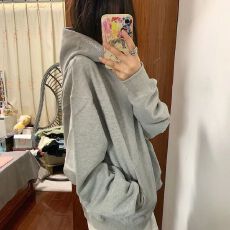 批发【银狐绒】美式复古cleanfit灰色连帽卫衣学生简约纯***侣帽衫潮