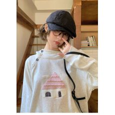 纯棉华棉复合牛奶丝320克简约百搭连帽斜门襟贴布绣灰色卫衣女