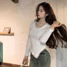 假两件长袖t恤女秋季新款不规则设计感内搭修身打底衫上衣服ins潮