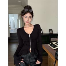 批发甜酷辣妹<b class='q'>开衫</b>拉链v领抽褶长袖t恤女秋季设计感收腰<b class='q'>不规则</b>飘带上衣