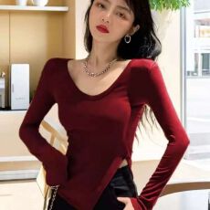 批发春秋款低领打底衫女长袖内搭设计感小众修身<b class='q'>不规则</b>开叉上衣女