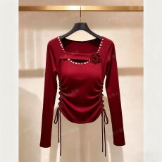 批发不规则立体花朵长袖T恤女2025秋冬季新款高级感纯欲风抽绳上衣ins