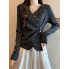 批发交叉v领蕾丝打底衫女内搭冬大码<b class='q'>胖</b><b class='q'>mm</b>显瘦超好看不规则上衣