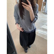 批发原版面料韩系小众设计感<b class='q'>条纹</b>蕾丝拼接花边休闲下摆女秋冬长袖上衣