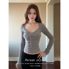 批发【灰朦透缬】辣妹长袖t恤女冬季蕾丝拼接v领打底衫显瘦内搭<b class='q'>上衣</b>潮