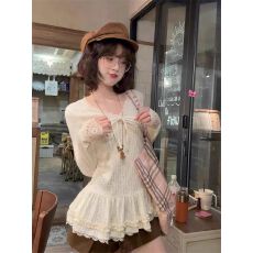 批发原版面料温柔风花边V领<b class='q'>裙摆</b>长袖上衣女秋冬蝴蝶结chic内搭打底衫