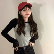 批发德绒秋冬季新款插肩长袖撞色百搭圆领T恤女内搭打底拼接修身上衣