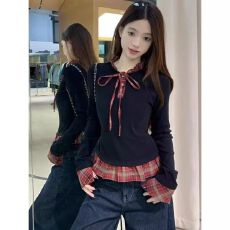 批发格子<b class='q'>衬衫</b>拼接长袖2026秋冬新款设计感小众假两件复古百搭打底上衣