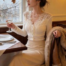 批发1_1螺纹德绒 270克】纯欲甜辣妹<b class='q'>蕾丝</b>镂空拼接打底衫修身长袖上衣