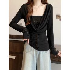 批发【官图 随心裁<b class='q'>莫代尔</b>260克1*1】设计感钉珠假两件长袖<b class='q'>T</b><b class='q'>恤</b>女上衣