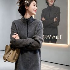 批发灰色立领长袖卫衣女款2026新款爆款冬季宽松慵懒中长款遮***上衣