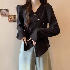 批发徳绒3*1】设计感交叉V领女春秋冬大码胖妹妹显瘦遮肚子不规则上衣