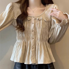 批发<b class='q'>大码</b>法式方领长袖衬衫女春装胖mm小衫薄款开衫<b class='q'>外套</b>荷叶边别致上衣