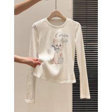 批发【 原版坑条面料】 韩系减龄可爱猫咪印花长袖<b class='q'>T</b><b class='q'>恤</b>气质上衣