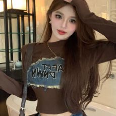 批发260克人棉，原版牛仔贴布 字母牛仔贴布长袖<b class='q'>T</b><b class='q'>恤</b>女美式打底衫上衣