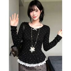 批发【270克德绒1*1】韩系波点蕾丝长袖<b class='q'>t</b><b class='q'>恤</b>春季修身辣妹显瘦打底上衣