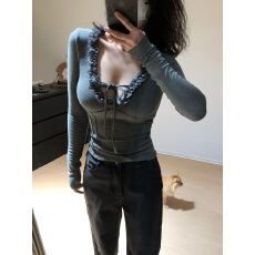 批发【精品羊绒260克】韩系灰色木耳边<b class='q'>长袖</b><b class='q'>t</b><b class='q'>恤</b>女秋冬季新打底衫上衣