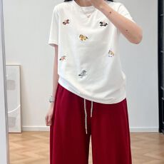 批发面料95纯棉95棉  刺绣+后包领】刺绣小马T恤<b class='q'>休闲</b>女<b class='q'>韩版</b>早春款红色