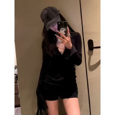 批发【人棉莫代尔1*1随心裁260克】美式辣妹黑色V领长袖t恤女秋<b class='q'>冬</b>上衣