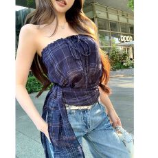 批发【原版格子】复古格<b class='q'>纹</b>无袖抹胸背心女夏季绑带修身辣妹风显瘦上衣