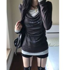 批发韩系假两件长袖t恤女早<b class='q'>秋</b>穿搭新款薄款防晒罩衫收腰修身荡领上衣