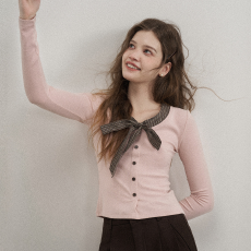 批发韩系格纹蝴蝶结正肩长袖t恤女<b class='q'>秋</b>冬纯欲风超好看内搭打底开衫上衣