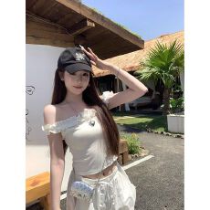 批发260克<b class='q'>莫代尔</b>纯欲一字肩木耳边<b class='q'>背心</b>女夏季新款辣妹修身显瘦吊带潮