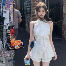 批发荷叶边无袖<b class='q'>衬衫</b>上衣女夏法式气质中<b class='q'>长款</b>收腰修身<b class='q'>衬衣</b>