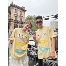 批发19支220克100%纯棉  刺绣加<b class='q'>饰品</b>发夹拼】圆领趣味设计感休闲<b class='q'>上衣</b>