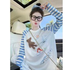 批发夏季韩系白蓝条纹插肩<b class='q'>长袖</b><b class='q'>T</b><b class='q'>恤</b>女防晒罩衫上衣