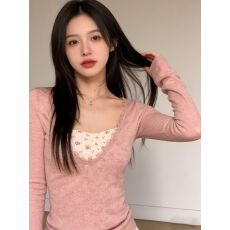 批发原版面料韩系长袖t恤女春秋季内搭打底衫假两件粉色正肩修身上衣