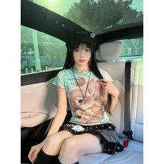 批发【网纱100%涤纶】T恤百搭女夏季修身轻薄假两件可爱兔子波点短袖