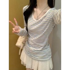 批发慵懒感miu系蓝色V领条纹防晒长袖T恤女2026春夏宽松薄款罩衫上衣