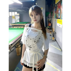 批发【官图 纯棉超爽棉】 古着感十字架印花露肩<b class='q'>蕾丝</b>摆辣妹短袖上衣